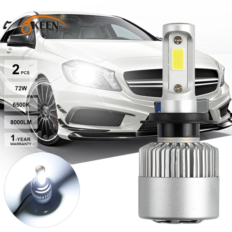OKEEN 2 шт. H4 H7 12V COB лампы S2 светодиодный головной светильник 6500K 72W фары для 8000LM туман