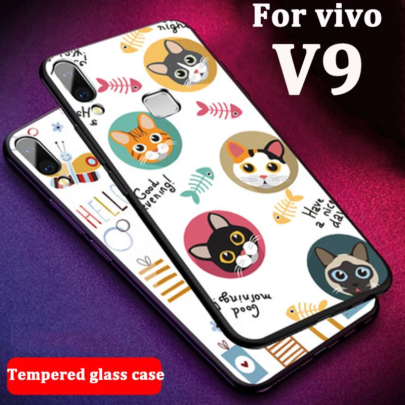 2pcs Tempered Glass Painted Case For VIVO V9 Back Cover VIVOV9 Cases Capas V 9 Protective Phone Shell coque | Мобильные телефоны и