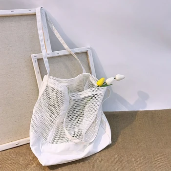 

2019 New Fashion Trend Mesh Hollow Reusable Shopping Bags Foldable Canvas Shoulder Bag Large Capacity Shopping Bag Handbags