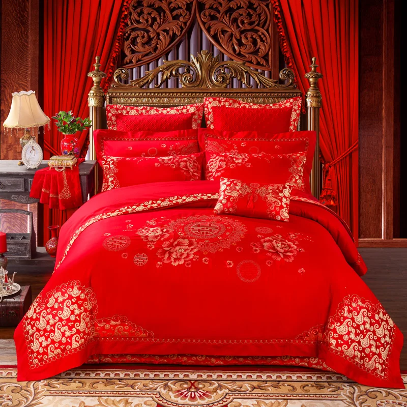 

100% Cotton Red luxury wedding bedding sets,trelliswork bedcover set,queen size duvet cover+bedcover+Pillow sham+cushion
