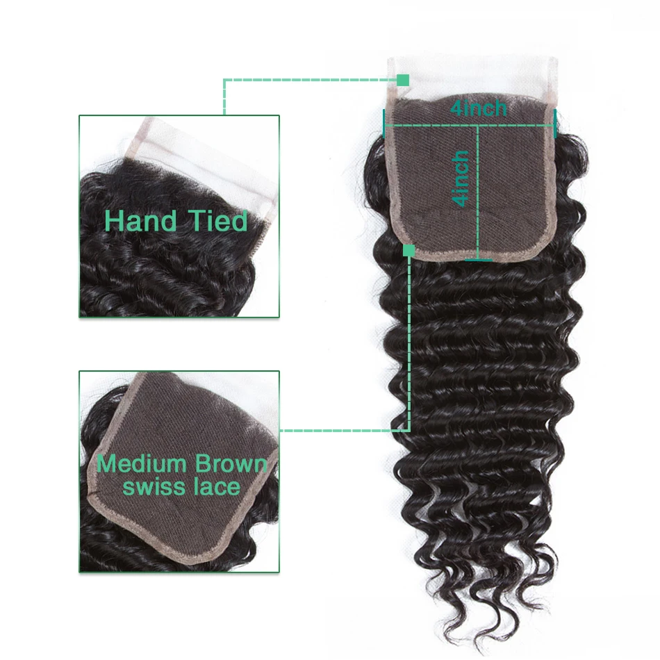 Plecare Lace Closure Malaysian Deep Wave 4*4 Lace Frontal Closure 1 Pcs Natural Color Non-remy 100% Human Hair Extensions