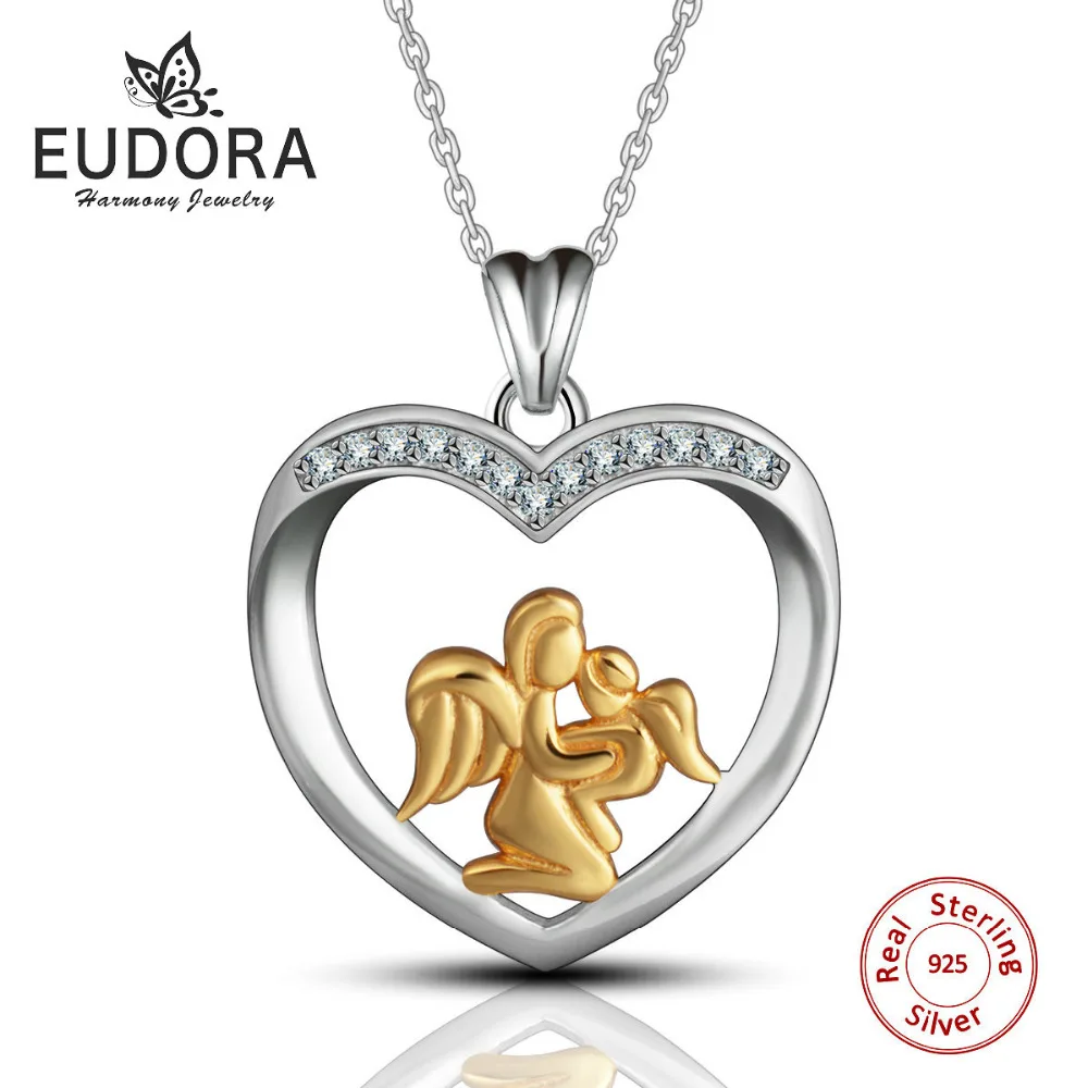 

Eudora Real 100% 925 Sterling Silver Mom Love Angel Baby Crystal Heart Pendant Necklace 2017 Women Fashion Jewelry Gift CYD053