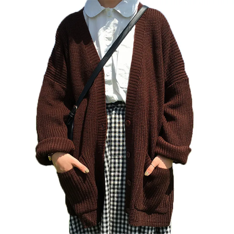 

2018 Female Girl Casual Long Knitted Cardigan Autumn Korean Women Loose Solid Color Pocket Design Sweater Jacket P29