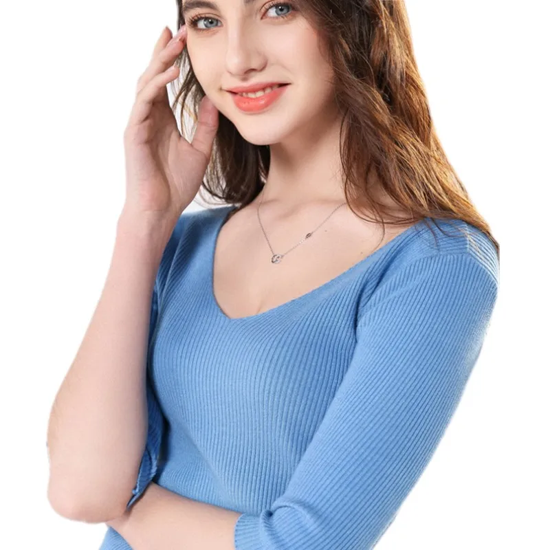 

V-neck sweater female wool sweater short paragraph seven-point sleeve bottoming shirt women's pullover