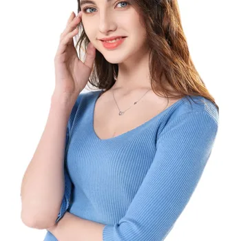 

V-neck sweater female wool sweater short paragraph seven-point sleeve bottoming shirt women's pullover