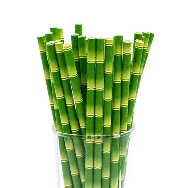 25 unids/lote pajitas de papel de bambú verde Feliz cumpleaños boda evento decorativo suministros para fiestas tropicales pajita para beber