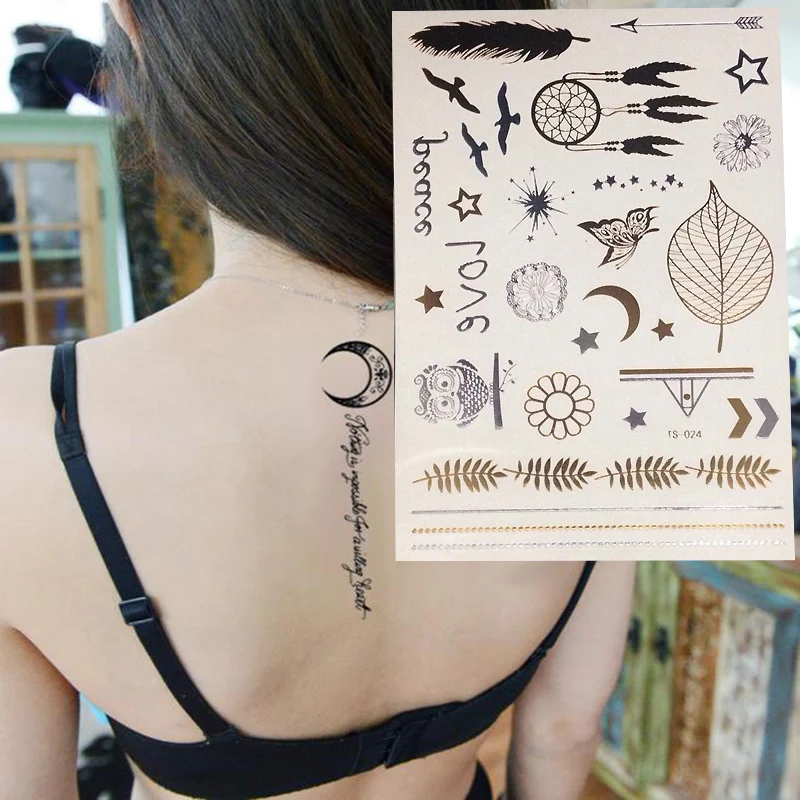 

New Decal Flash Tattoo Metallic Gold Silver Temporary Owl Feather Style Tattoo Sticker Charm Hot