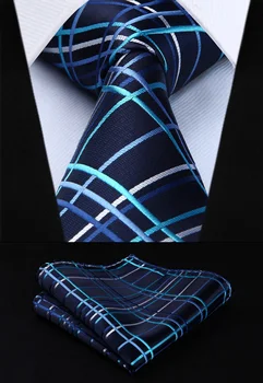 

TC808B8S Blue Check 3.4" Silk Woven Men Tie Necktie Handkerchief Set