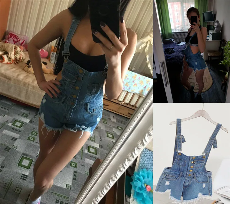 The new college wind denim strap shorts female summer hole loose Korean students was thin sling tide (26)