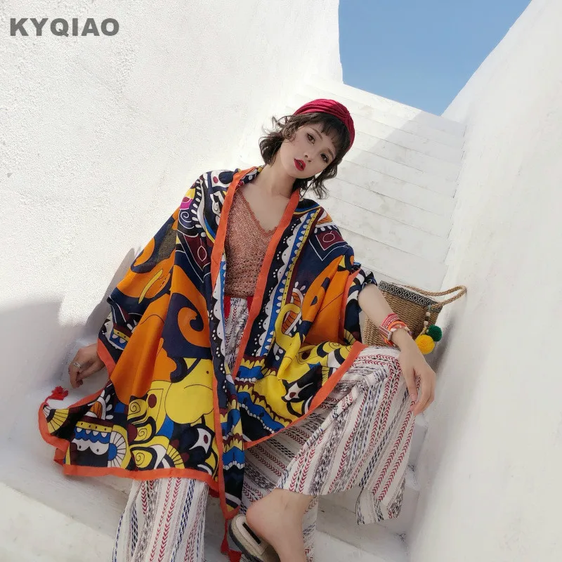 KYQIAO этнический шарф женский Осень Зима Мехико стиль винтажный дизайн длинный принт голова шарф шаль для путешествий накидка