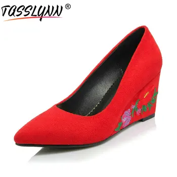

TASSLYNN 2019 Women Pumps High Heels Shoes Embroidery Flock Women's Shoes Wedges Heels Pointed Toe Pumps Shoes Woman Size 34-42