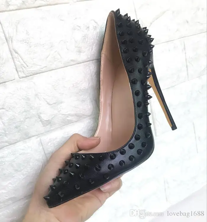 Luxury Shoes Fashion Red Bottom High Heel Rivets Leather Women Shallow Mouth Pumps Size 34-40 Shoes and Bags To Match
