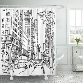 

Shower Curtain with Hooks Scene Street Ink Line Sketch New York City with Buildings Windows Cityscape in Outline