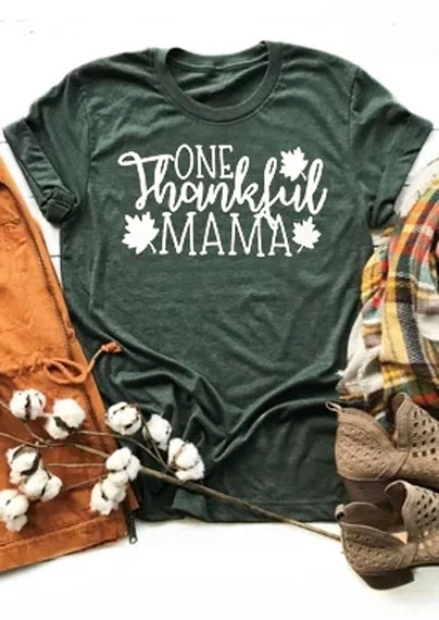 

2018 Fashion Women T-Shirt Short Sleeve Letter Print One Thankful Mama Leaf T-Shirt Dark Green Casual Female Cute t shirt Tee