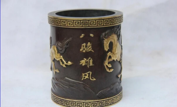 

USPS to USA S1120 China Red Copper 24K Gold Gilt Bronze WenFang Eight Horses pencil vase brush pot