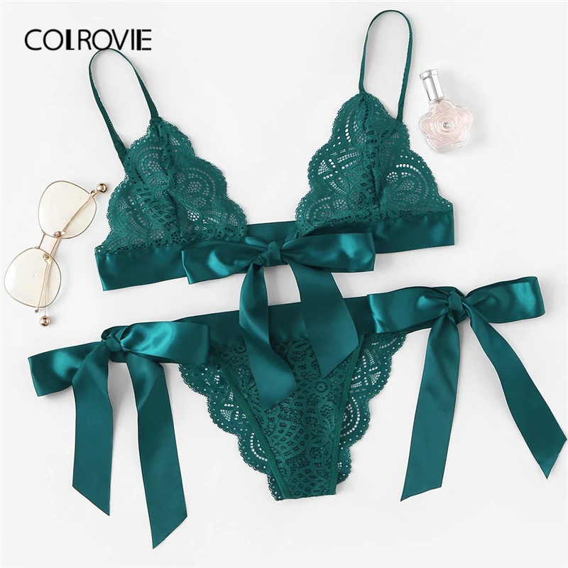 

COLROVIE Green Tie Side Scalloped Trim Ribbon Lace Lingerie Set Sexy Women Intimates 2019 Wireless Briefs Underwear Bra Set