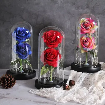 

Two Roses Beauty And The Beast Red Rose In A Glass Dome On A Wooden Base Rose Lamp For Valentine's Day Christmas Gift Home Decor