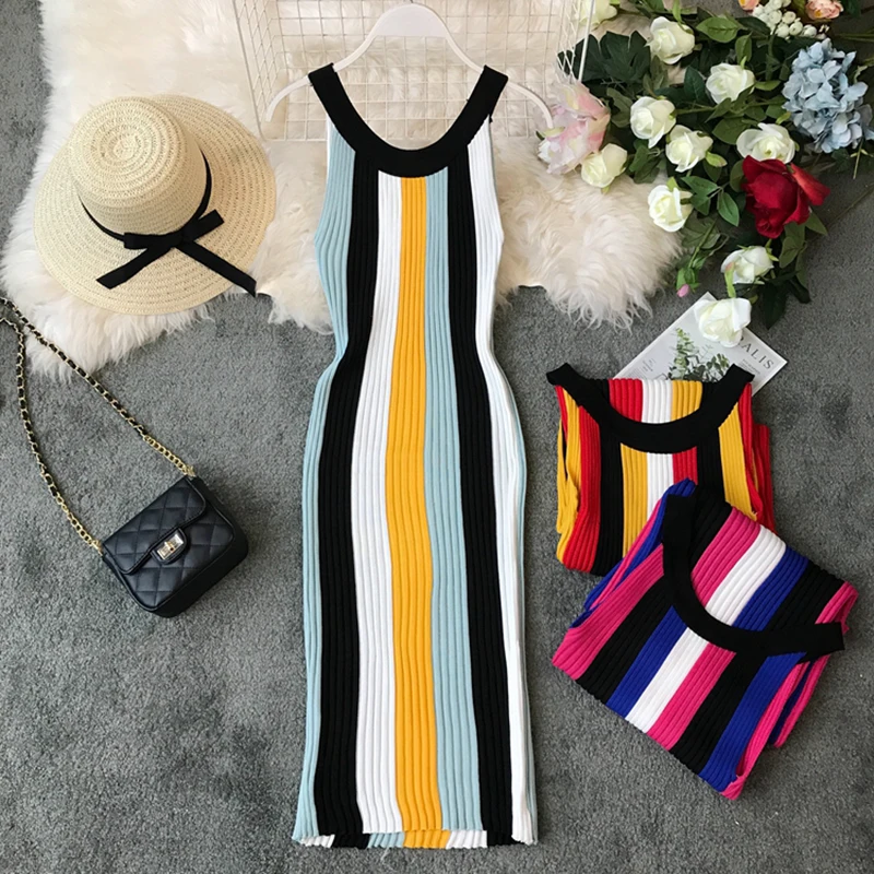 

Zqlz Summer Casual Stretch Striped Women Dress O Neck Sleeveless Spring Vintage Bodycon Sweater Dresses Knitted Cotton Dress