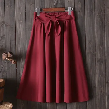 

Women Elegant Skirt Big Bow Twist Skirts High Waist Pleated Knee Length Vintage Skirt