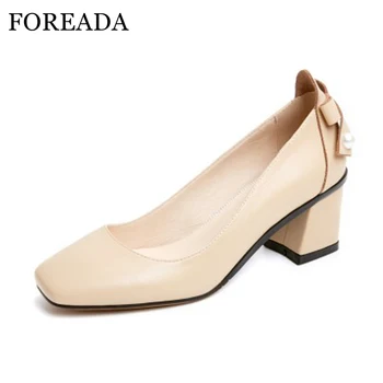 

FOREADA Genuine Leather Shoes Women Pumps High Heels Bow Square Toe Pumps Chunky High Heel Shoes Apricot Black Plus Size 9 41 42