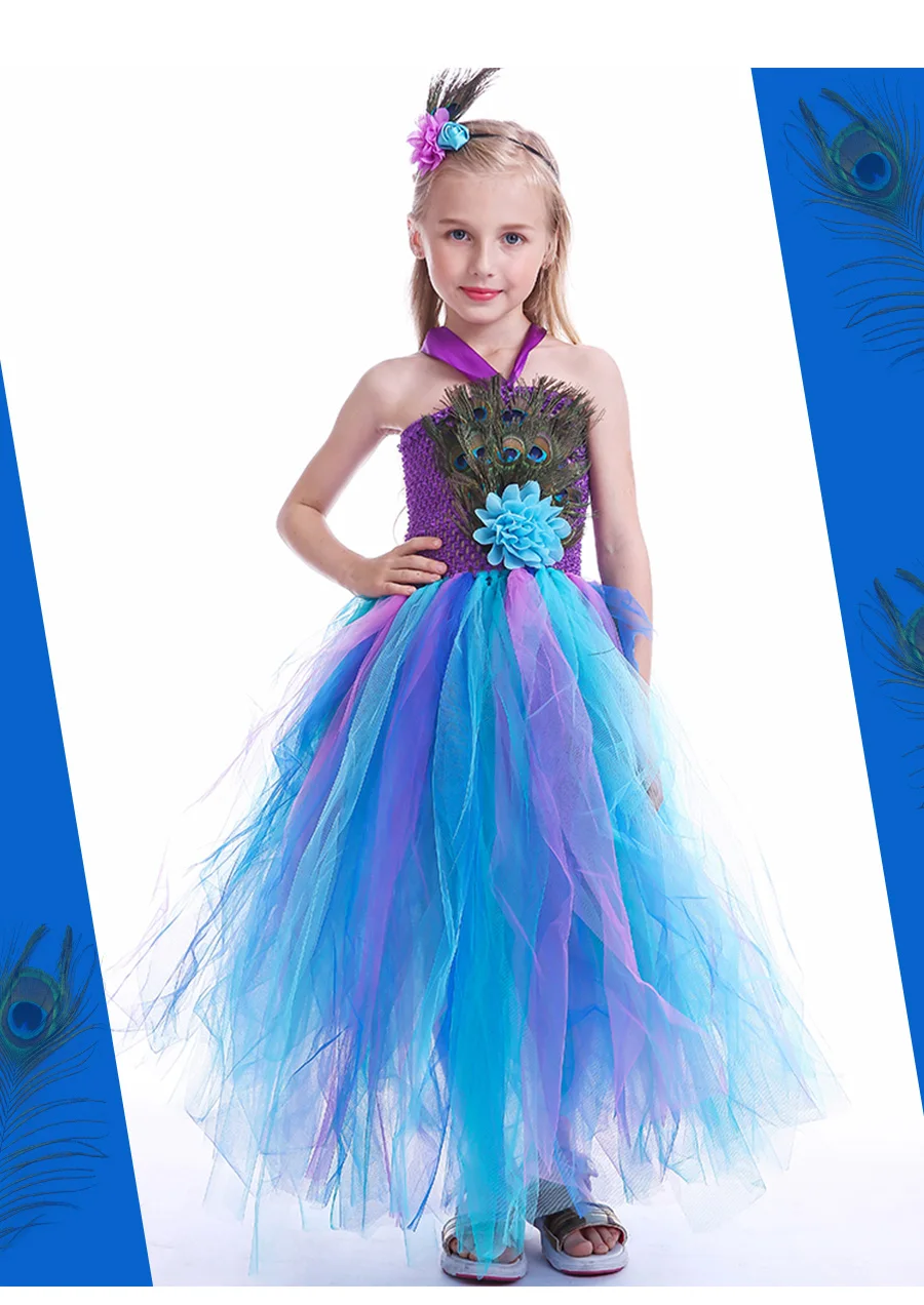 Peacock Feather Flower Girl Tulle Tutu Dress Pageant Wedding Halloween Costume Kids Birthday Party Purim Couture Dress (11)