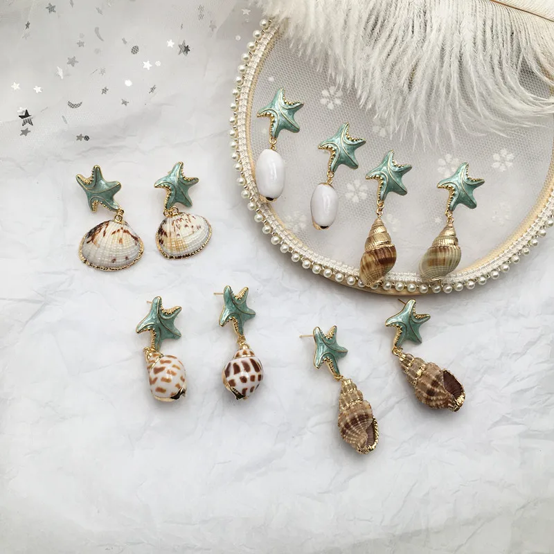 

Timlee E028 New Temperamental Popular Starfish Shell Irregular Imitation Pearl Alloy Drop Earrings Personality Jewelry Wholesale