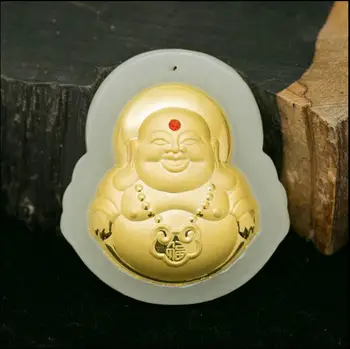 

Hetian jade jade Mi Le Buddha Pendant inlaid with gold and natural jade Hetian jade neck necklace with a certificate
