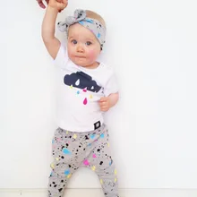 Одежда для маленьких девочек комплект одежды для новорожденных девочек, хлопковая футболка с короткими рукавами с принтом дождевых облаков+ штаны+ повязка на голову, одежда для малышей