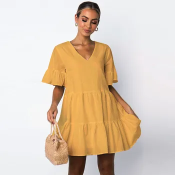 

Sundress MAXIORILL Women summer Casual Solid V-Neck Short Sleeveless Ruffle Loose Mini dress платье Dress free shipping #3