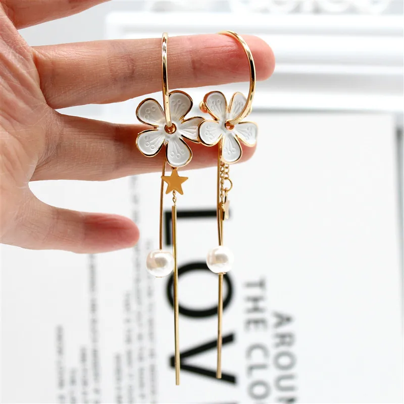 

2019 hot selling fashion jewelry elegant white flower earrings long fringe wedding party earrings