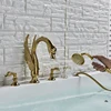 Widespread Swan Bathtub Faucet Golden Tub Mixer Tap Deck Mounted 3 Handle Swan Bath Shower Set with Pull Out Handshower Head 4