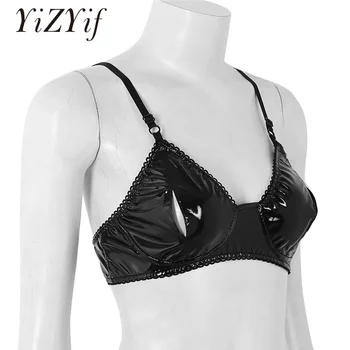 

YiZYiF Sexy Womens Exposed Breasts Nipples Bra Black Sexy Lingerie Faux Leather Vintage Style Nipple Splits Bra Top For Women
