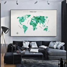 מפת העולם המודרני HD נורדי בד ציור אמנות קיר תמונה כרזות קישוט בית לסלון והדפסים עם ירוק צמחים