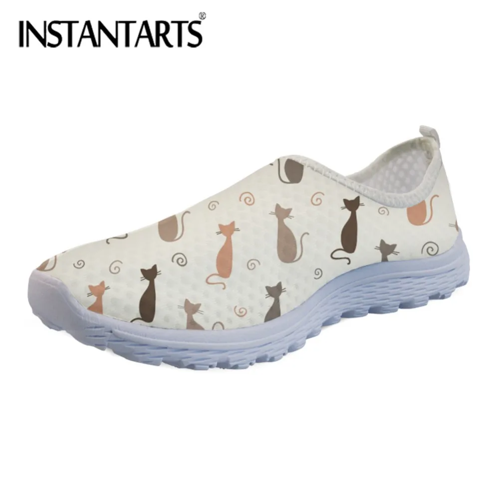 

INSTANTARTS Hot Cute Cat Prints Women Flats Shoes Breathable Air Mesh Slip On Ladies Shoes Flat Casual Fashion LightWeight Shoes