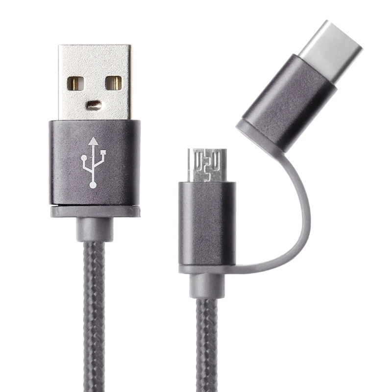 

OOTDTY 2In1 USB 2.0 Male To USB 3.1 Type C Micro USB Weave Data Fast Charging Cable