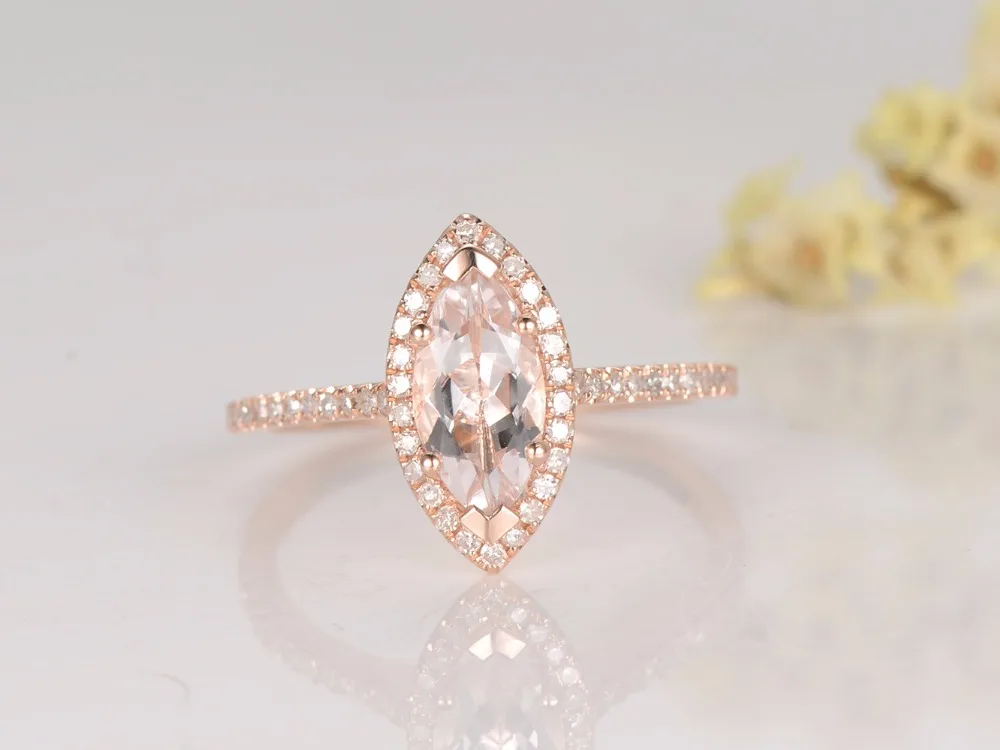 MYRAY Pink Morganite Engagement Ring,14K Rose Gold,10x5mm Marquise,Diamond Band,Bridal Wedding Ring,Gemstone Ring