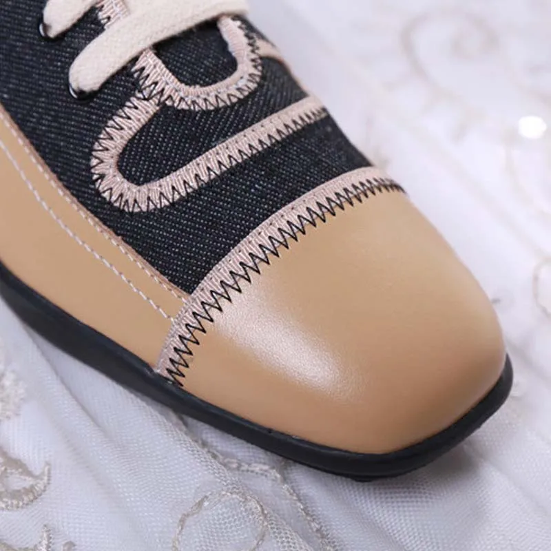 Véritable Fsj D'été Couture Suqare Femme Occasionnels automne Dames Chaussures Bureau En Up Vache fsj01 Cuir Fsj02 Carrière Toe Pompes Printemps Mature Dentelle 4drwd6q