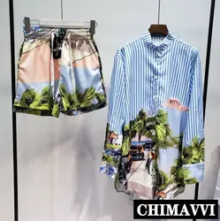 Новая весенне-Летняя женская Свободная рубашка с полосками и кокосовым принтом, блузка + шорты, комплект из двух предметов, женский пляжный
