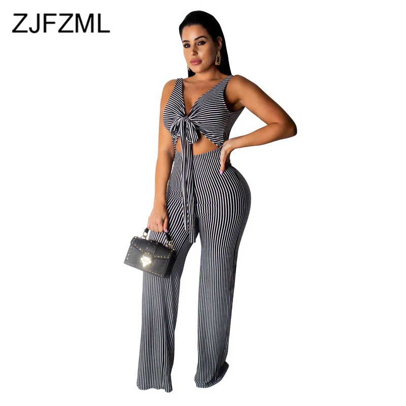 

Black White Stripe Sexy Bandage Jumpsuit Women Waist Band Cut Out Backless Wide Leg Romper Summer Deep V Neck Sleeveless Overall