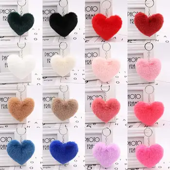 

Cute Heart Keychains 10CM Fluffy Car Key Ring Faux Rabbit Fur Key Chains Popular Jewelry Accessories For Bag Women's 1PC