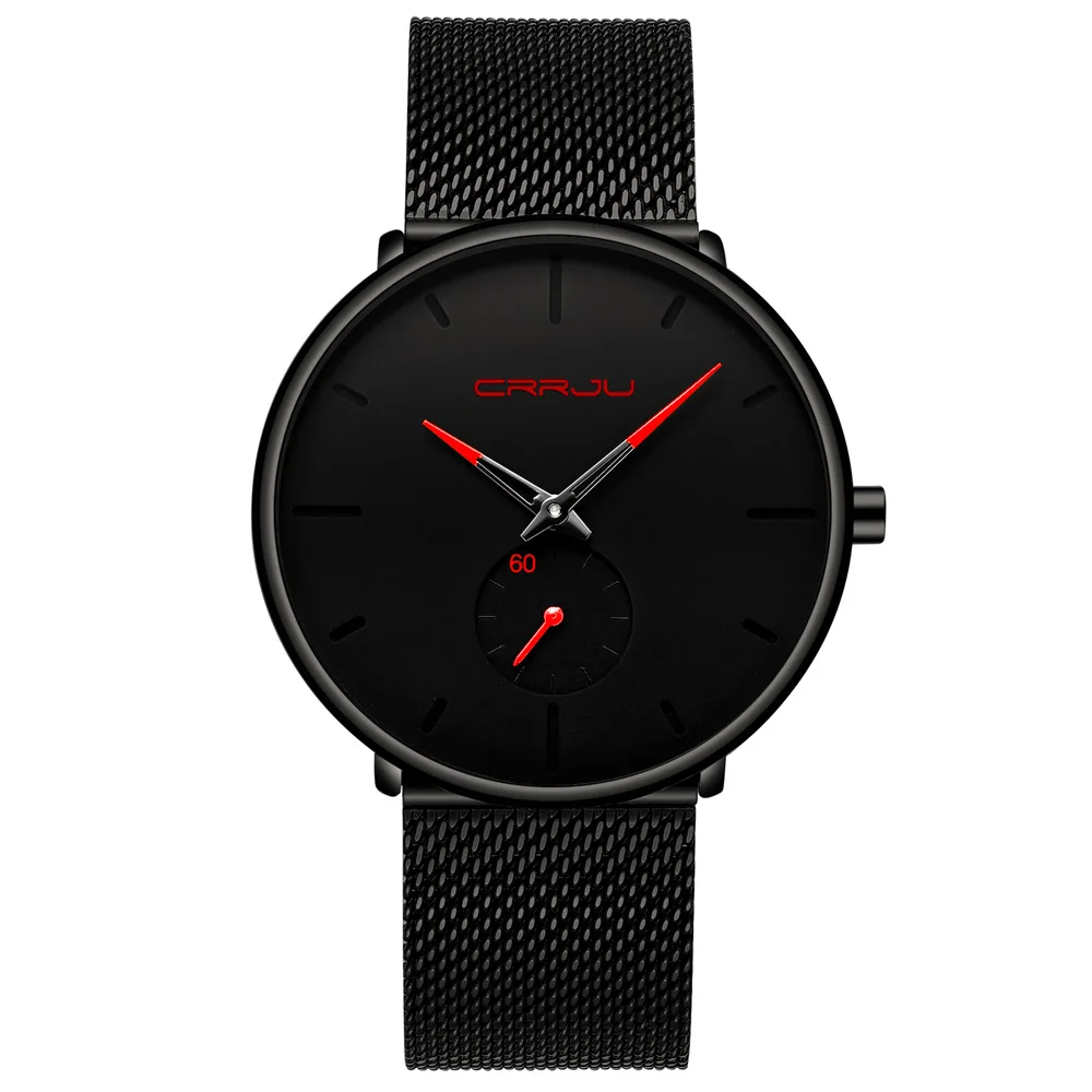CRRJU мужские часы Топ бренд класса люкс черные кварцевые мужские часы Прямая сетчатый ремешок повседневные спортивные мужские часы 2150