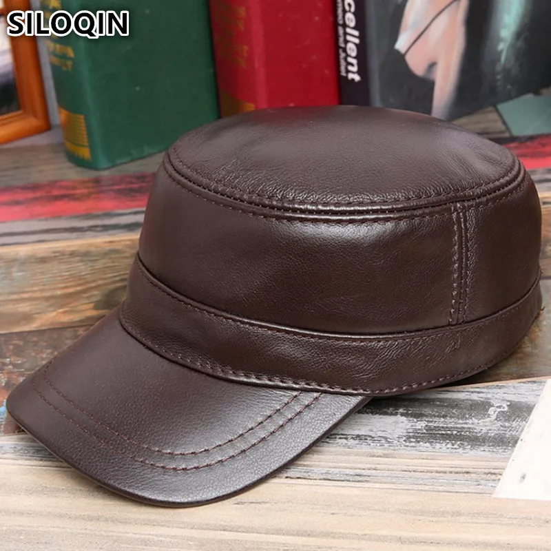 

SILOQIN New Autumn Winter Men's Army Military Hats Cowhide Flat Cap Genuine Leather Hat Adjustable Size Snapback Brands Caps