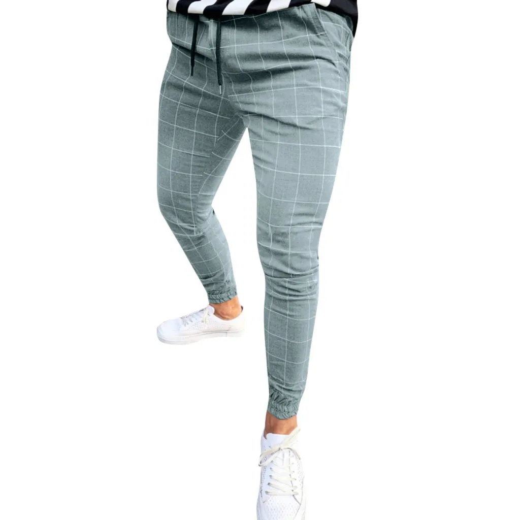 Брюки Мужская хип-хоп мода мужчины случайные плед печати шнурок эластичный пояс длинные брюки мужские повседневные брюки