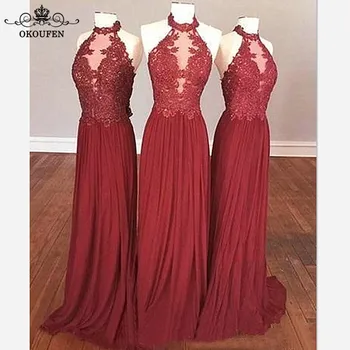 

Designer Long Bridesmaid Dresses For Women 2019 Sheer Red Sheer Lace Halter A Line Party Dress Maid Of Honor Formal Gown