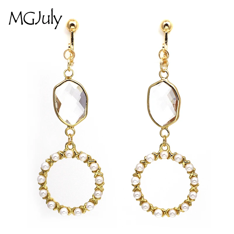 

Geometry Glass Simulated-Pearl Earrings No Hole Ear Clips Round Pearl Ball Clip On Earrings No Pierced Minimalist Earring CE071