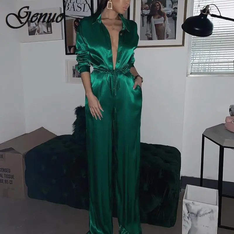Genuo Elegant Loose Satin Bodycon Bandage Jumpsuit Women 2019 Spring Sexy Solid Lapel Deep V Neck Playsuits Ladies Streetwear Genuo Elegant Loose Satin Bodycon Bandage Jumpsuit Women 2019 Spring Sexy Solid Lapel Deep V Neck Playsuits Ladies Streetwear