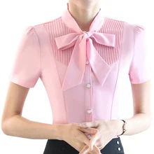 Новинка, весенне-Летняя женская блузка с коротким рукавом, повседневные блузки с галстуком-бабочкой и v-образным вырезом, женские блузки для офиса