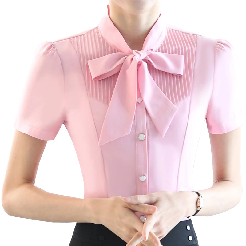 

New 2019 Spring Summer Women Blouse Short Sleeve Casual blouses Bow tie v-neck Tops blusa feminine office blouse