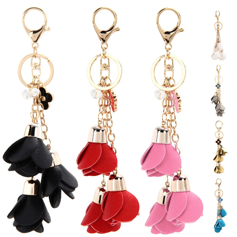 Fashion popular leather flower tassels key chains women handbag bag pendant keychain ring holder