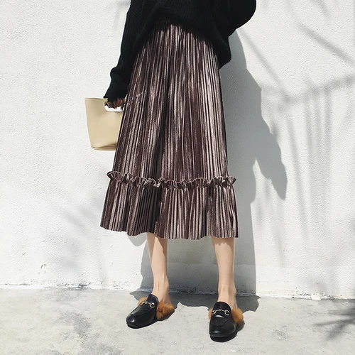 

TingYiLi Autumn Winter Velvet Skirts Womens Elastic High Waist Pleated Maxi Skirt Black Khaki Purple Green Gray Skirt Long